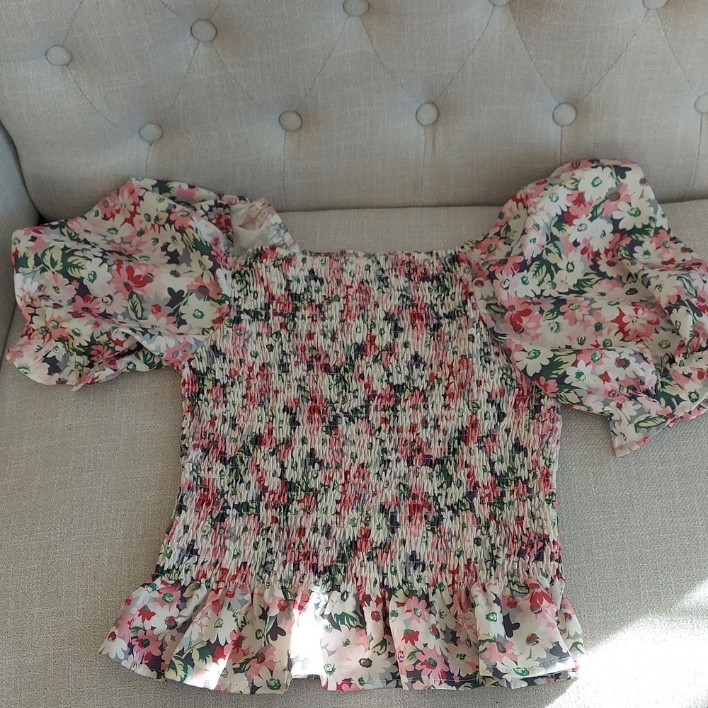 Floral Smocked Blouse with Puff Sleeves